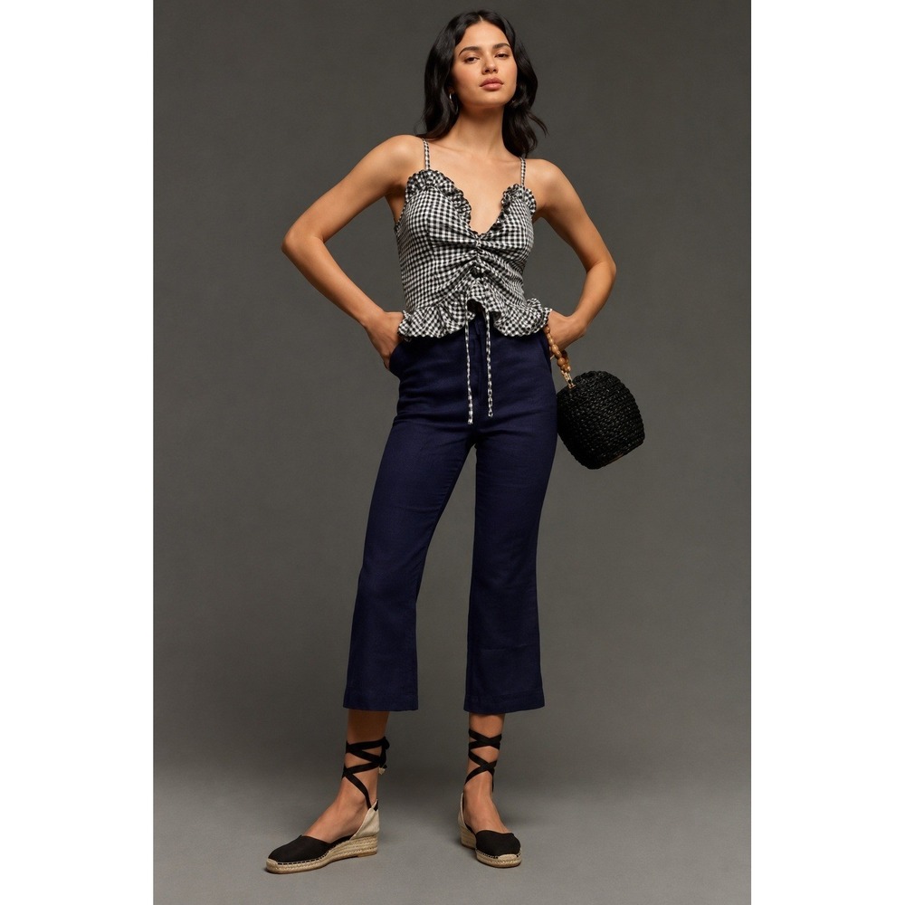 MAEVE Anthropologie Navy Linen‎ 70s Slim Crop Pants High Rise Size 26